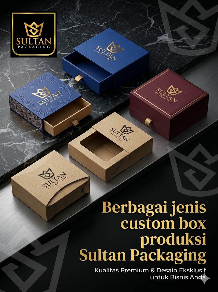 Berbagai jenis custom box produksi Sultan Packaging Jakarta – rigid box, folding box, gift box, kraft box