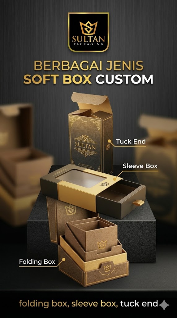 Berbagai jenis soft box custom Sultan Packaging — folding box, sleeve box, tuck end