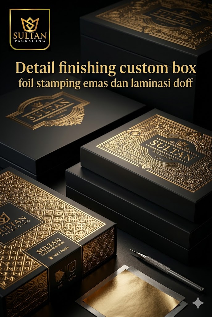 Detail finishing custom box – foil stamping emas dan laminasi doff dari Sultan Packaging Jakarta