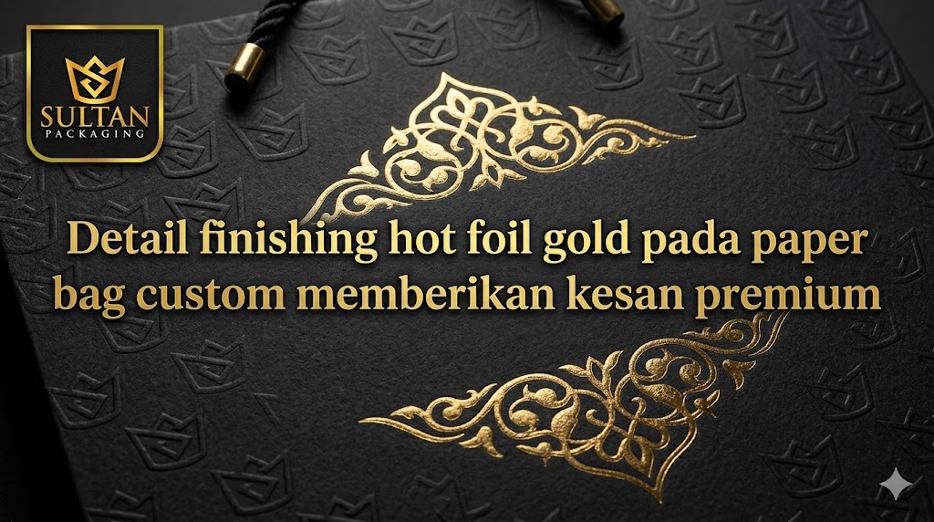 foto detail finishing hot foil, emboss, atau spot UV pada paper bag custom