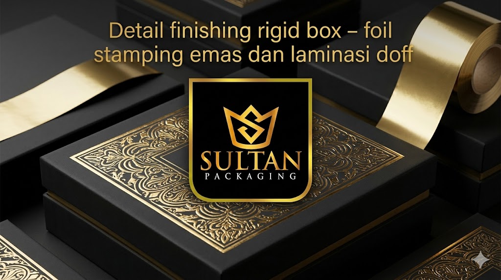 Detail finishing rigid box – foil stamping emas dan laminasi doff dari Sultan Packaging
