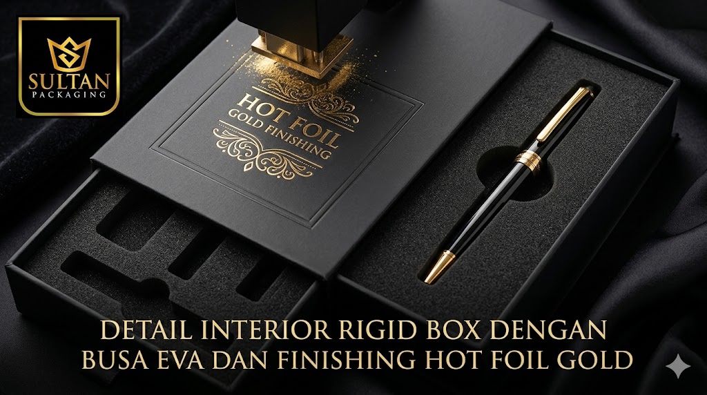 Detail interior rigid box dengan busa EVA dan finishing hot foil gold dari Sultan Packaging Jakarta