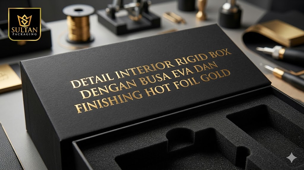 Detail interior rigid box dengan busa EVA dan finishing hot foil gold dari Sultan Packaging Jakarta