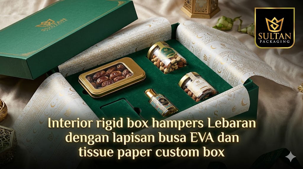 Interior rigid box hampers Lebaran dengan lapisan busa EVA dan tissue paper custom dari Sultan Packaging