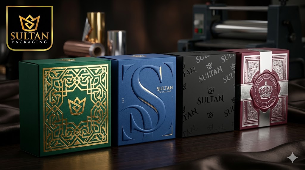 Contoh: foto kemasan dengan finishing hot foil / emboss / spot UV