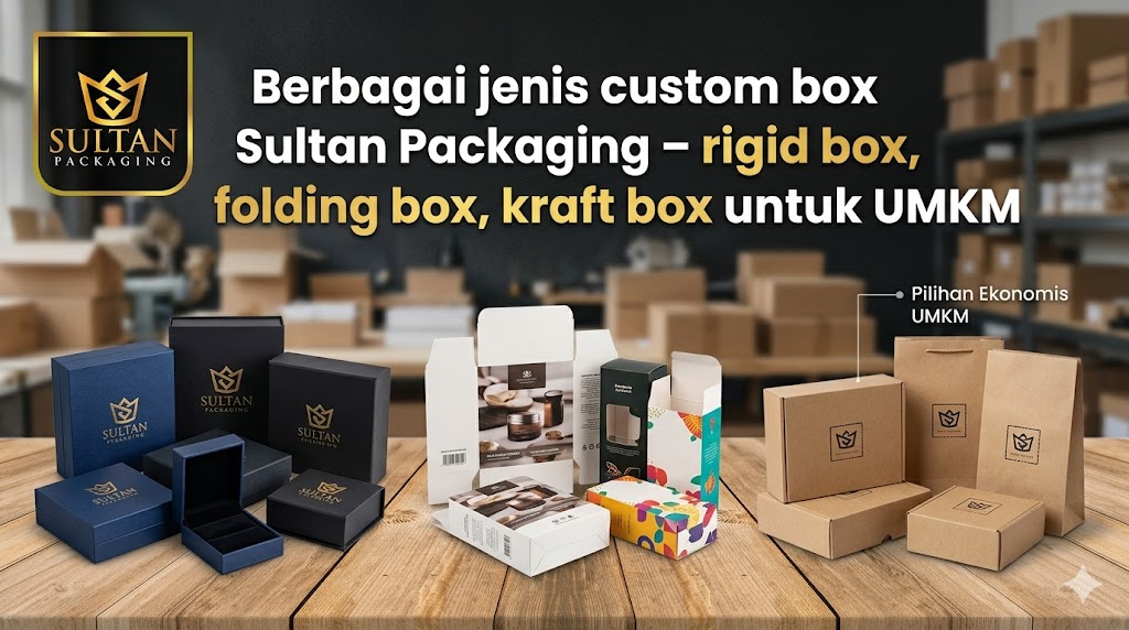 Berbagai jenis custom box Sultan Packaging – rigid box, folding box, kraft box untuk UMKM