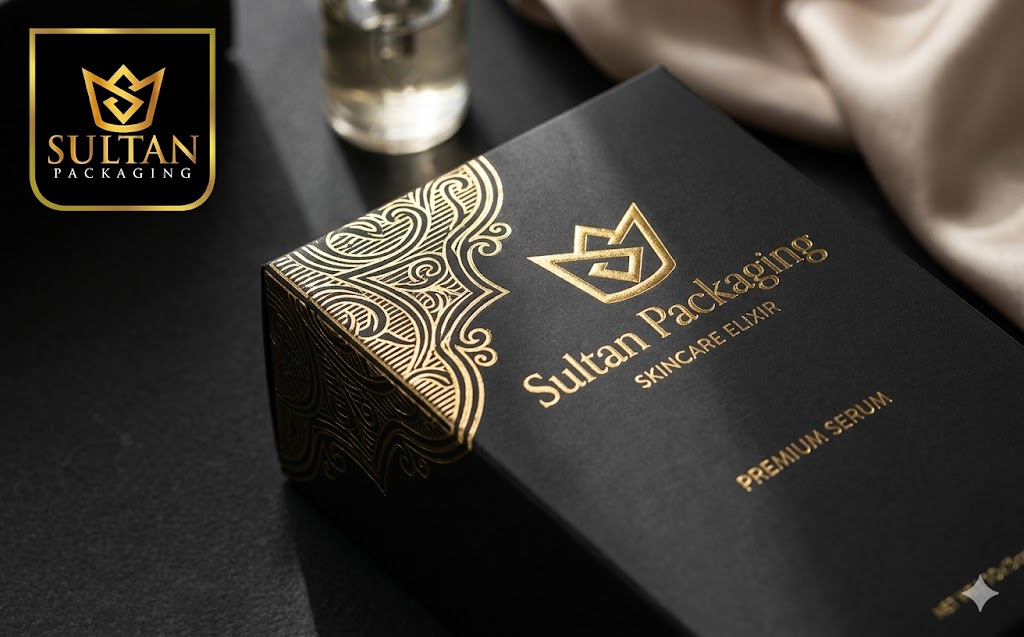 Detail finishing foil stamping emas dan laminasi doff pada custom box skincare