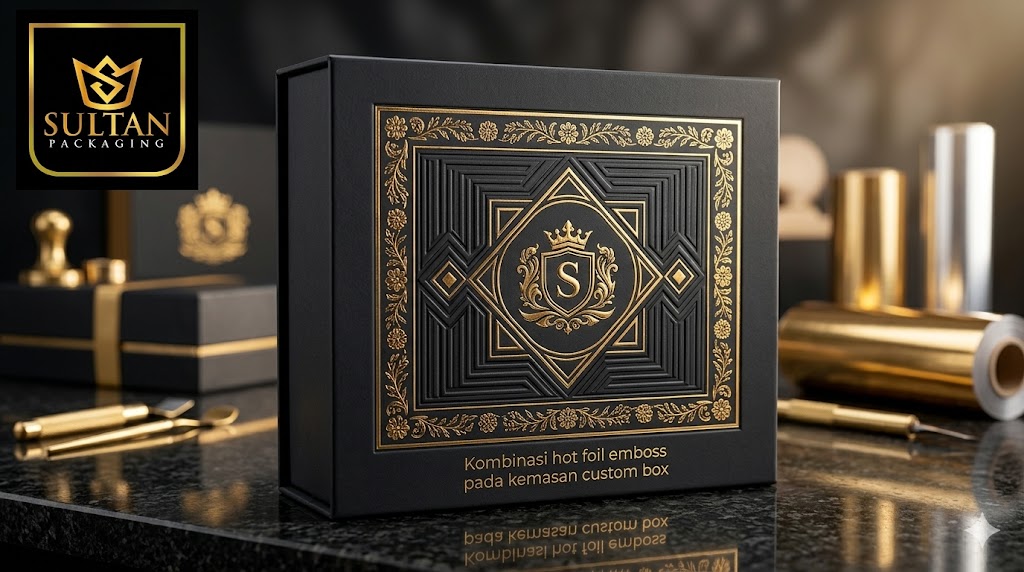 Kombinasi hot foil emboss pada kemasan custom box Sultan Packaging Jakarta