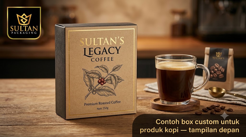 Contoh box custom untuk produk kopi — tampilan depan