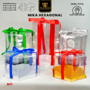 Box Mika Hexagonal - Cake Box - Box Segi Enam Kue Mika Transparan Dus Hadiah Hantaran -Tutup Warna Uk 22x22 - M11