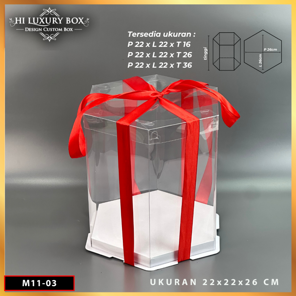 Box Mika Hexagonal - Cake Box - Box Segi Enam Kue Mika Transparan Dus Hadiah Hantaran-22X22 -Tutup Mika M11