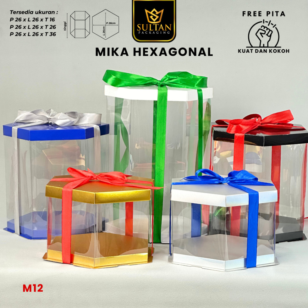 Box Mika Hexagonal - Cake Box - Box Segi Enam Kue Mika Transparan Dus Hadiah Hantaran -Tutup Warna Uk 26x26 - M12