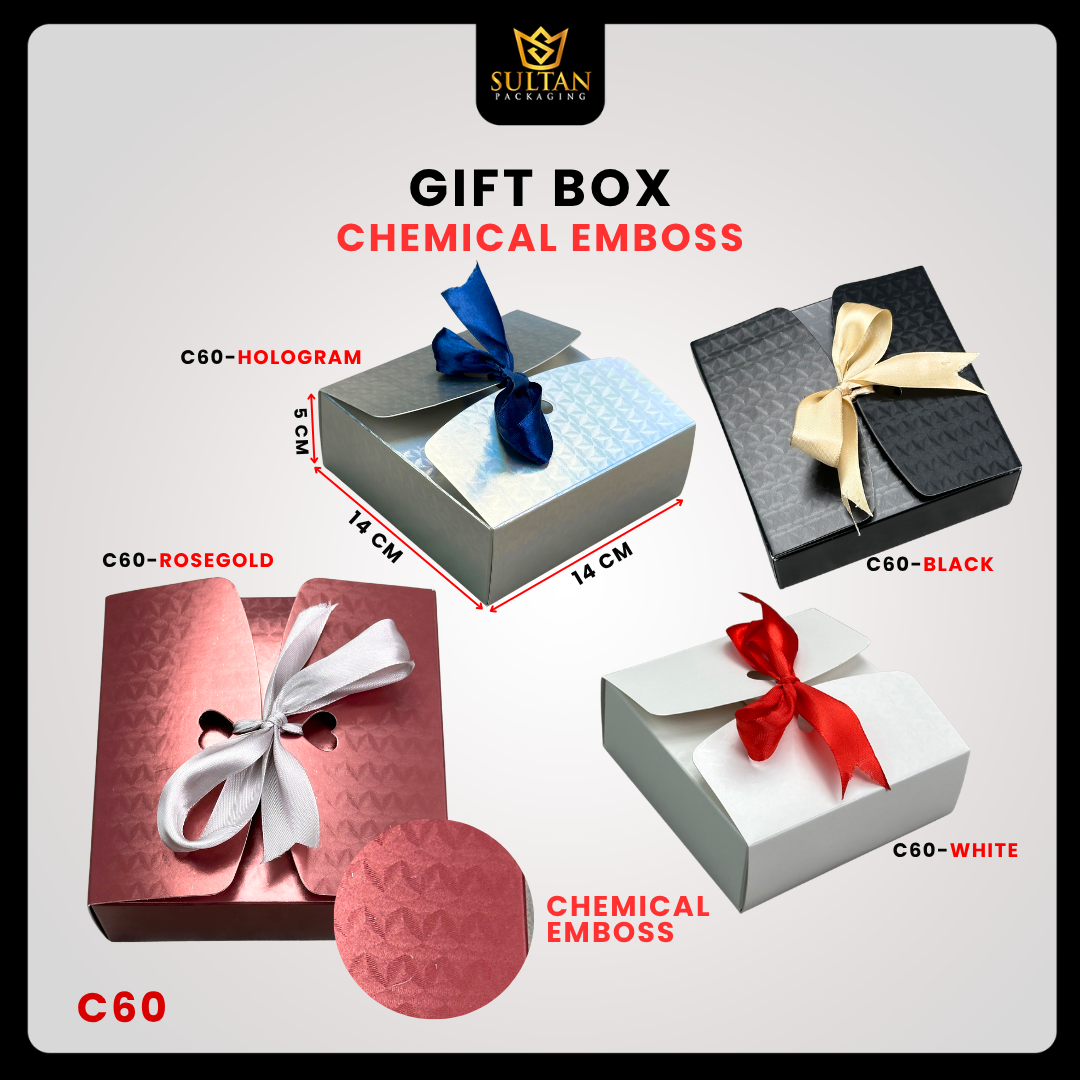 Box Hadiah C60 Chemical Emboss Premium 14x14x5 cm / Kotak Kado Aesthetic + Pita